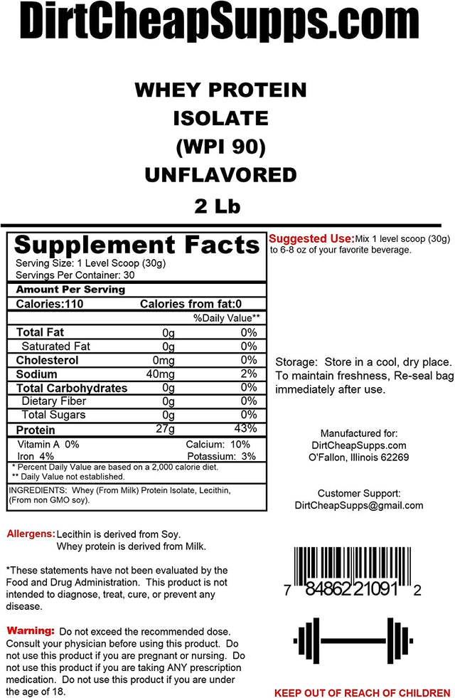 Dirtcheapsupps Whey Protein Isolate Unflavored 2Lb. 30 Servings with 27G of Protein per Scoop.