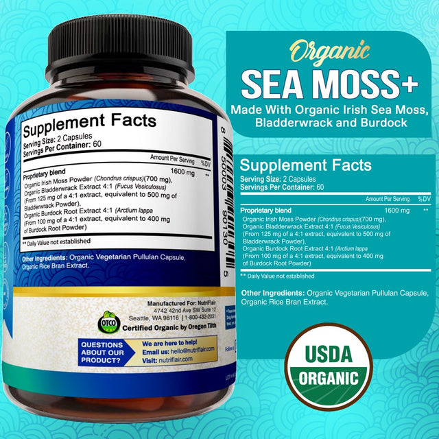 Nutriflair USDA Certified Organic Sea Moss Capsules 1600Mg, 120 Capsules - Immunity, Gut, Energy - Superfood Sea Moss Supplements with Raw Sea Moss Powder for Women and Men