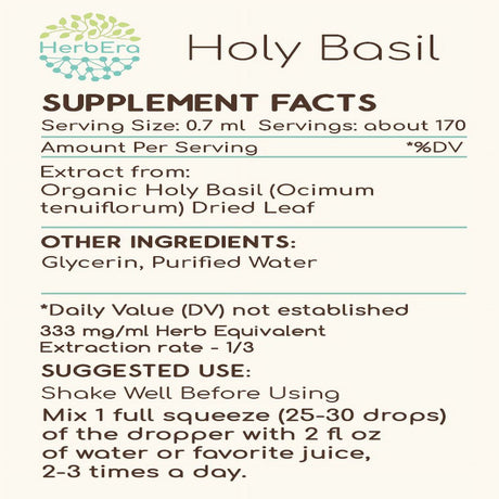 Holy Basil Alcohol-Free Herbal Extract Tincture, Super-Concentrated Organic Holy Basil (Ocimum Tenuiflorum) Dried Herb 4 Oz