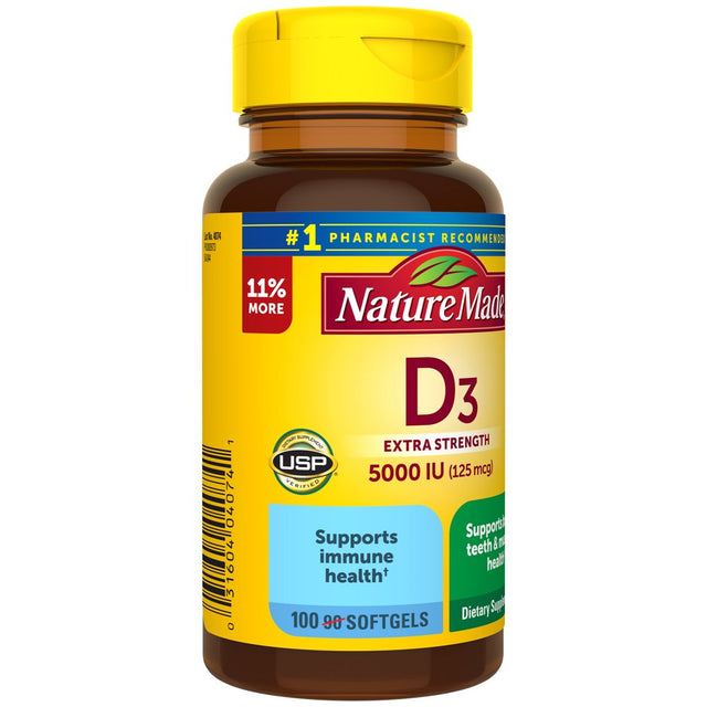 Nature Made Extra Strength Vitamin D3 5000 IU (125 Mcg) Softgels, Dietary Supplement for Bone and Immune Health Support, 100 Count