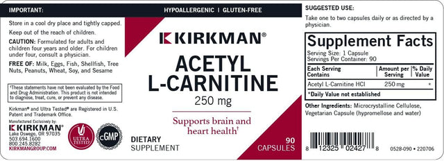 Kirkman - Acetyl L-Carnitine 250 Mg - 90 Capsules - Supports Sustained Cellular Energy Production - Hypoallergenic