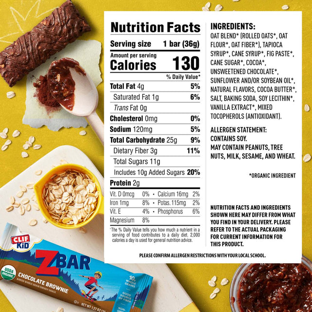 CLIF Kid Zbar - Chocolate Brownie - Soft Baked Whole Grain Snack Bars - USDA Organic - Non-Gmo - Plant-Based - 1.27 Oz. (6 Pack)