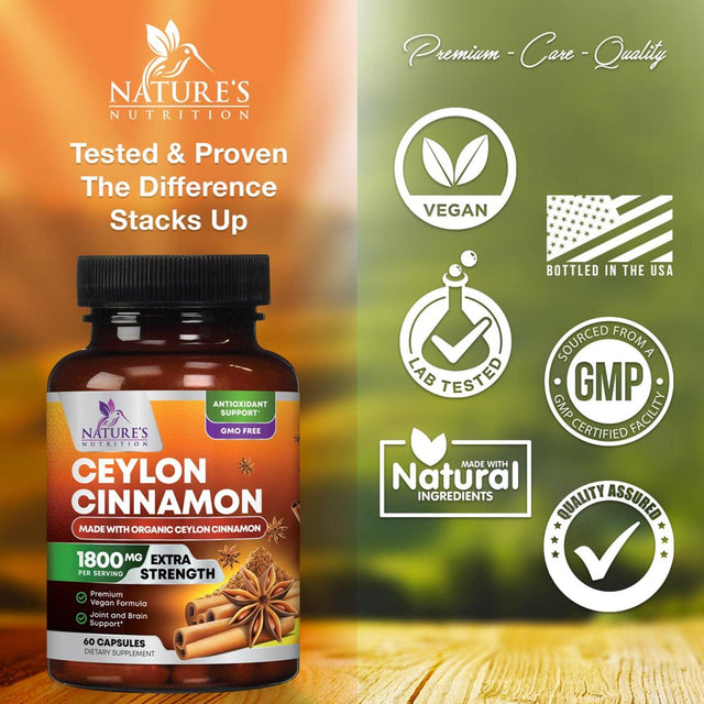 Pure Cinnamon Capsules, Certified Organic Ceylon Cinnamon Pills, Non-Gmo, Gluten-Free, Dairy-Free, Sri Lanka Cinnamon Powder Supplement, Best Vegan True Cinnamomum Vitamins, Sugar Free - 60 Capsules