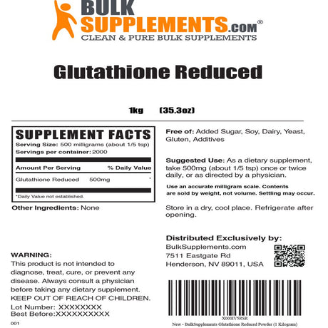 Bulksupplements.Com Glutathione Powder, 500Mg - Antioxidant Supplement (1Kg- 2000 Servings)