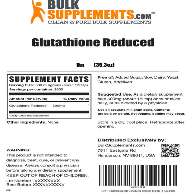 Bulksupplements.Com Glutathione Powder, 500Mg - Antioxidant Supplement (1Kg- 2000 Servings)