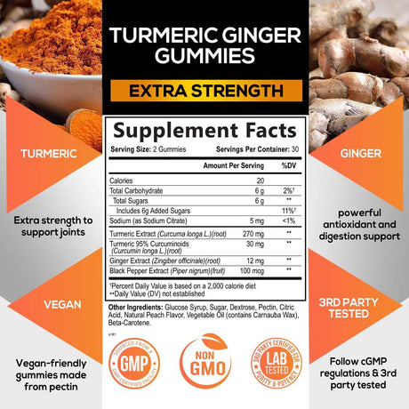 Turmeric Ginger Gummies - Vegan Turmeric Curcumin Gummy with 95% Curcuminoids - Black Pepper for Max Absorption, Premium Joint Support Supplement, Nature'S Tumeric Extract, Peach Flavor - 60 Gummies