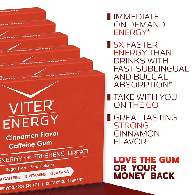 Viter Energy Caffeine Gum Wintergreen & Cinnamon 6 Pack Bundle - 60Mg Caffeine, B Vitamins, Guarana, Sugar Free Vegan Chewing Gum, Zero Calories. Nootropic Chews for Powerful Energizing Focused Boost