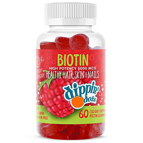 Dippin' Dots - Extra Strength Biotin 5000Mcg (60 Gummies) Healthy Hair, Skin & Nails | High Potency Biotin in Delicious Very Berry Raspberry Natural Fruit Pectin Chews | Vegan, Non-Gmo Glute