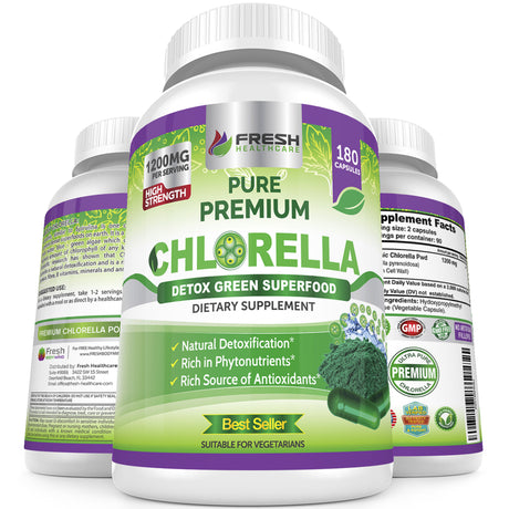 Premium Chlorella Detox Superfood Supplement, 1200Mg per Serving, Naturally Occuring B Vitamins, Minerals, Chlorophyll and CFG, 180 Vegan Capsules