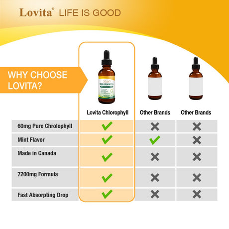 Lovita Liquid Chlorophyll 7200Mg, All Natural Formula of Chlorophyll Liquid Drops with Copper for Digestion, Immune System Support, Internal Deodorant & Deoxidant, 2 Fl Oz