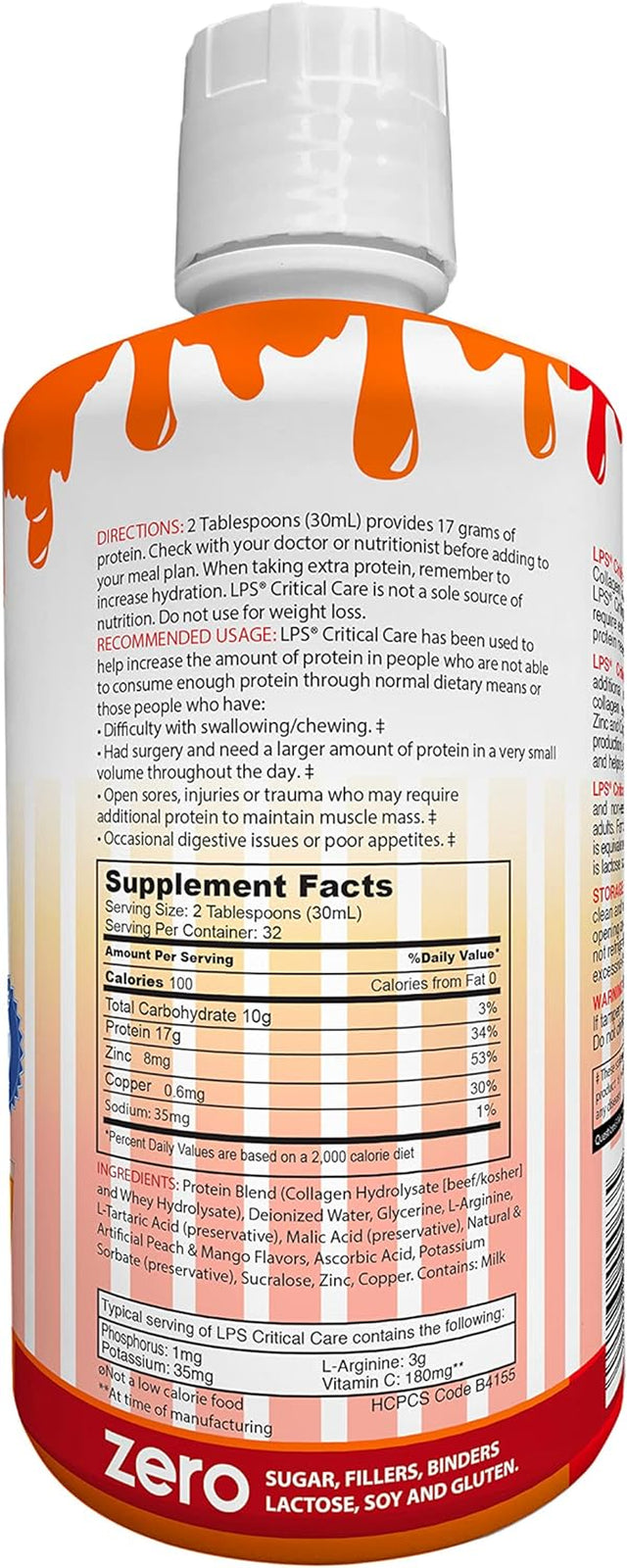 Nutritional Designs LPS Liquid Collagen & Whey Protein Supplement, Sugar-Free, Non-Gmo Drink, Promotes Healthy Skin & Hair for Men & Women. (Critical Care) Peach Mango