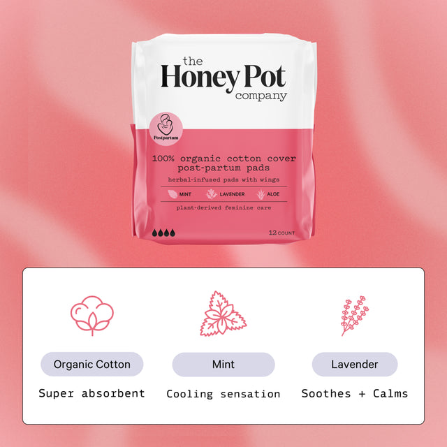 The Honey Pot Company, Herbal Post-Partum Pads with Wings, Organic Cotton Cover, 12 Ct.