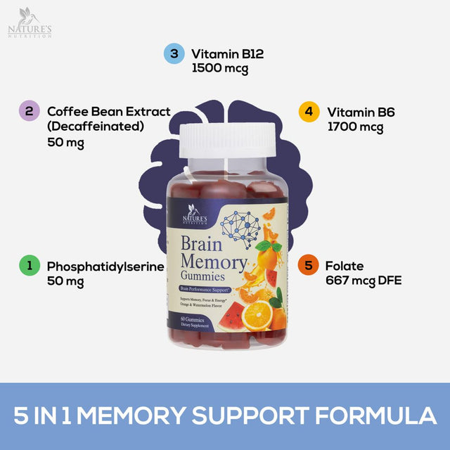 Brain Supplement Gummy for Memory, Focus & Concentration Support Gummies plus Nootropics, Phosphatidylserine & Vitamins B6 & B12 - Nature'S Caffeine Free Nootropic for Brain Health - 60 Gummies