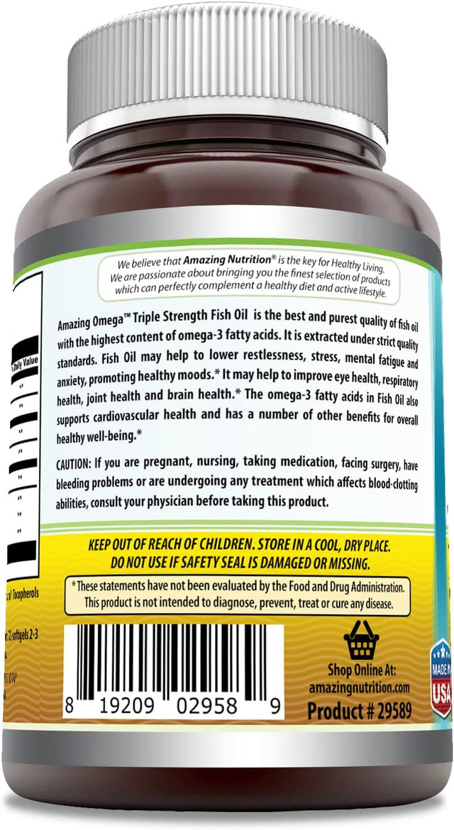 Amazing Omega Triple Strength Fish Oil 1360 Mg, Lemon Flavor Softgels -Supports Heart, Joint & Brain Health -Superior Bioavailability & Molecular Distillation for Highest Purity(120 Count)