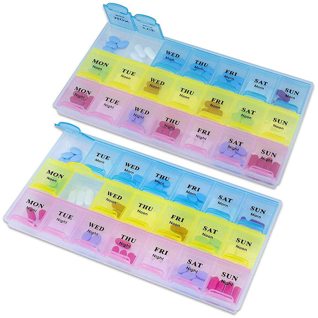 Weekly Pill Organizer, (Pack of 2) 21 Day Pill Planners for Pills Vitamins & Medication, 3 Times-A-Day Medication Reminder Boxes, Easy to Read & Travel Friendly