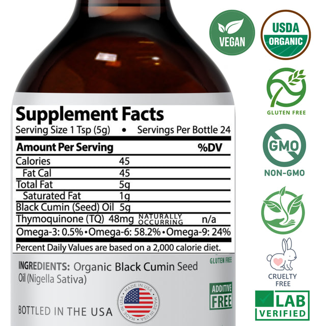 USDA Organic Black Seed Oil (4Oz ) Premium Cold Pressed, Non-Gmo, Unrefined, Vegan Nigella Sativa Oil High Potency Aids in Digestive Health, Immune Support, Brain Function, Joint Mobility