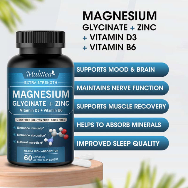 Mulittea Magnesium Glycinate 500Mg - Magnesium Glycinate Capsules with Zinc Vitamin D3 B6 - Chelated for Maximum Absorption - Improved Sleep Supporting Muscle Cramps, Brain Function, Heart Health