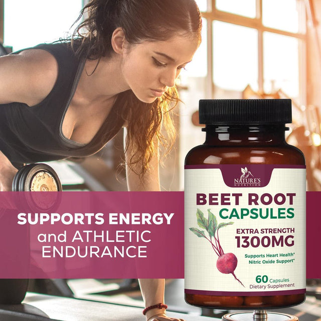 Beet Root Capsules - 1300Mg Extra Strength, Natural Beetroot Powder Extract - Nitric Oxide Supports Heart Health, Endurance & Energy - Vegan Herbal Extract Supplement - Nongmo - 60 Capsules