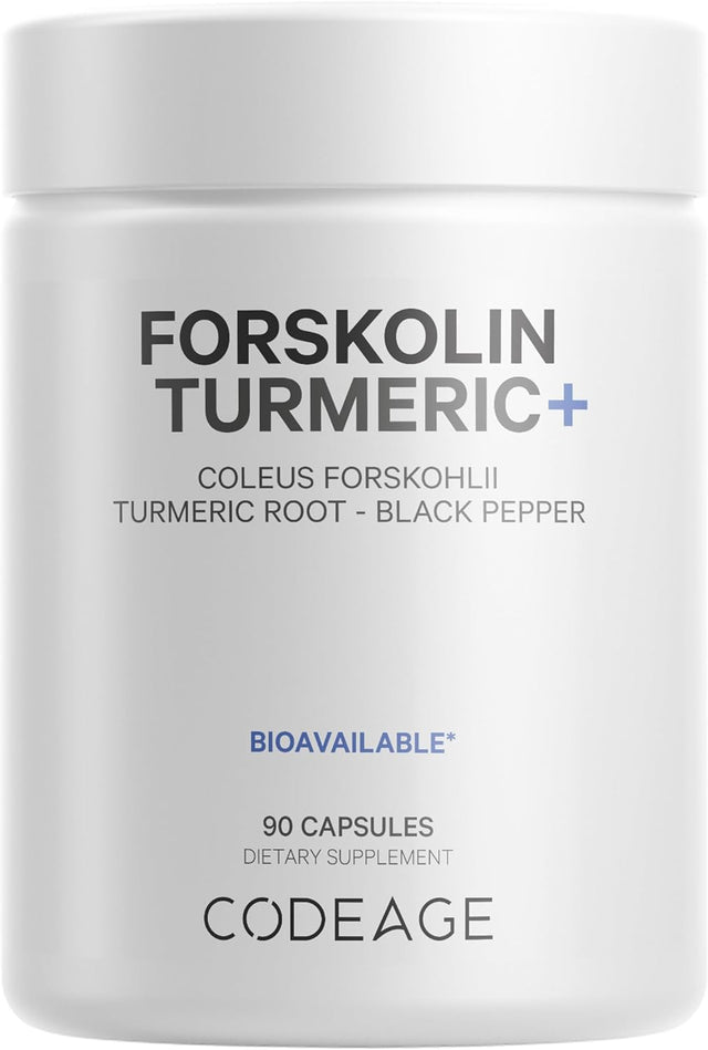 Codeage Forskolin, Pure Forskolin Coleus + Organic Turmeric Root Powder, 95% Curcuminoids + Bioperine Black Pepper for Absorption - 20% Standardized Coleus Forskohlii, Non-Gmo, 90 Capsules