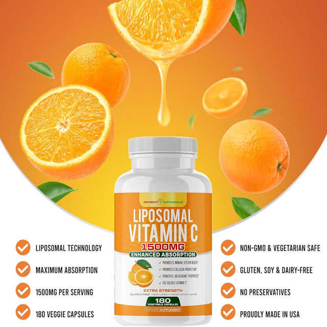 POTENT NATURALS Liposomal Vitamin C 1500Mg, Vitamin C Supplement - High Absorption Ascorbic Acid - Immune-Support Supplement & Helps Collagen Production- 180 Capsules 1500 MG