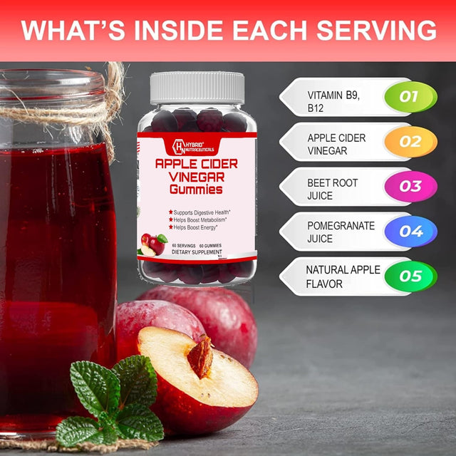 Hybrid Nutraceuticals Apple Cider Vinegar Gummies - Helps Detox & Cleanse, Boost Metabolism - Vitamins B-9, B-12, Pomegranate, Beet Root Juice - Good Keto ACV Gummies - 60 Gummies