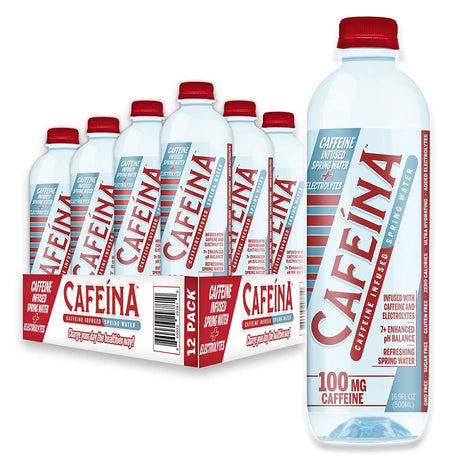 Cafeina - Caffeine Infused Spring Water with Electrolytes, 12 Pack, Natural Energy Boost with Zero Sugar or Calories, Ph Balanced. Pre-Workout Boost and Post-Workout Recovery