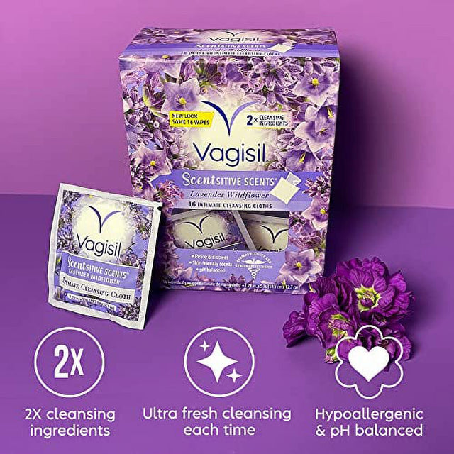 Vagisil Scentsitive Scents On-The-Go Feminine Cleansing Wipes, Ph Balanced, Lavender Wildflower, Individually Wrapped, 16 Count (Pack of 1)