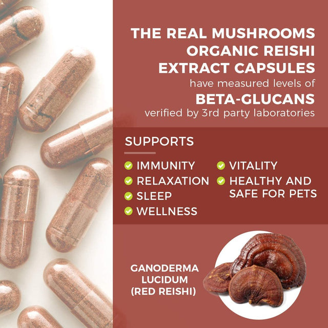 Real Mushrooms Reishi Mushroom Capsules for Longevity (90Ct) Vegan, Non-Gmo Reishi Extract, Reishi Mushroom Supplement for Relaxation, Better Sleep, Overall Wellness, Also Safe for Pets