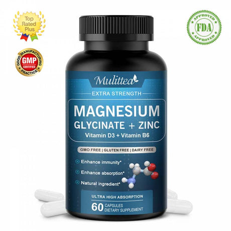 Mulittea Magnesium Glycinate 500Mg - Magnesium Glycinate Capsules with Zinc Vitamin D3 B6 - Chelated for Maximum Absorption - Improved Sleep Supporting Muscle Cramps, Brain Function, Heart Health