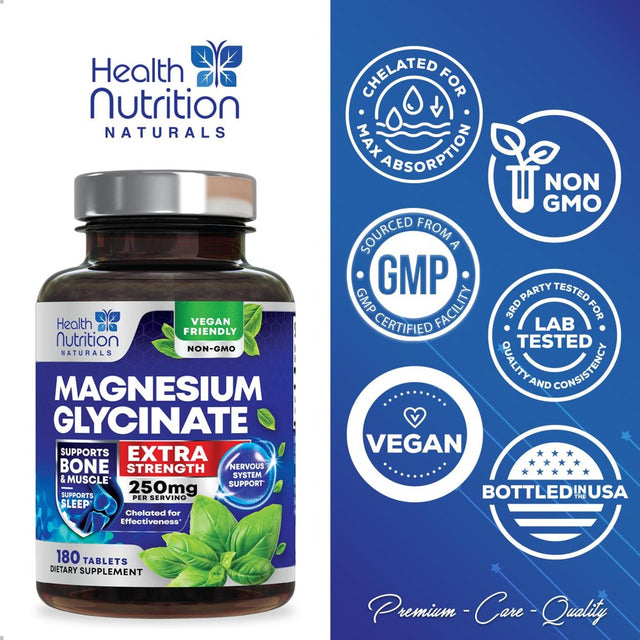 Magnesium Glycinate 250 Mg - Natural, High Absorption Magnesium Tablets Chelated for Muscle, Nerve, Bone & Heart Health Support - Gentle Form, Non-Gmo, Gluten Free, Vegan Supplement - 180 Tablets