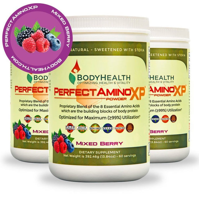 Bodyhealth Perfectamino XP Mixed Berry (60 Servings) Best Pre/Post Workout Recovery Drink, 8 Essential Amino Acids Energy Supplement with 50% Bcaas, 100% Organic, 99% Utilization for Maximum Power