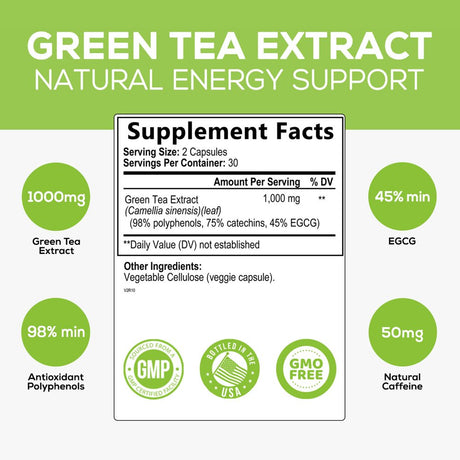 Green Tea Extract Capsules 1000Mg 98% Standardized EGCG - 3X Strength for Natural Energy - Heart Support with Polyphenols - Gentle Caffeine - 60 Capsules