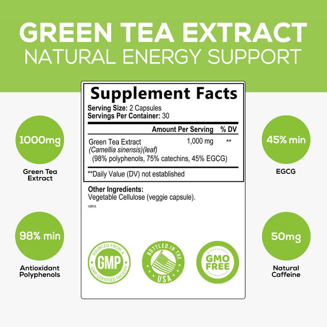 Green Tea Extract Capsules 1000Mg 98% Standardized EGCG - 3X Strength for Natural Energy - Heart Support with Polyphenols - Gentle Caffeine - 60 Capsules