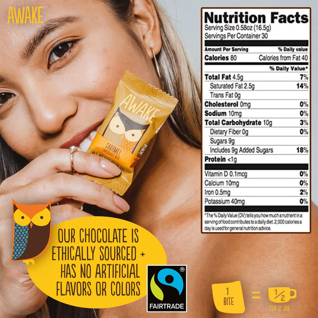 AWAKE - Caffeinated Chocolate Bites - Coffee Alternative - Low Calorie Snacks - Bite Size Energy Bars - 50Mg of Caffeine in Each Bite - Non GMO - Low Carb - Gluten Free - Caramel Chocolate - 30 Bites