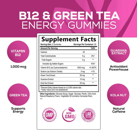 Energy Gummies Vitamin B12, Green Tea and Guarana Extract, Daily Energy Vitamin Supplement, Delicious Raspberry Flavor Gummy Chewable Supplement for Men and Women, Non-Gmo and Vegan - 60 Gummies