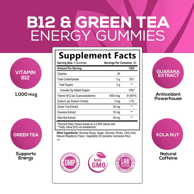 Energy Gummies Vitamin B12, Green Tea and Guarana Extract, Daily Energy Vitamin Supplement, Delicious Raspberry Flavor Gummy Chewable Supplement for Men and Women, Non-Gmo and Vegan - 60 Gummies