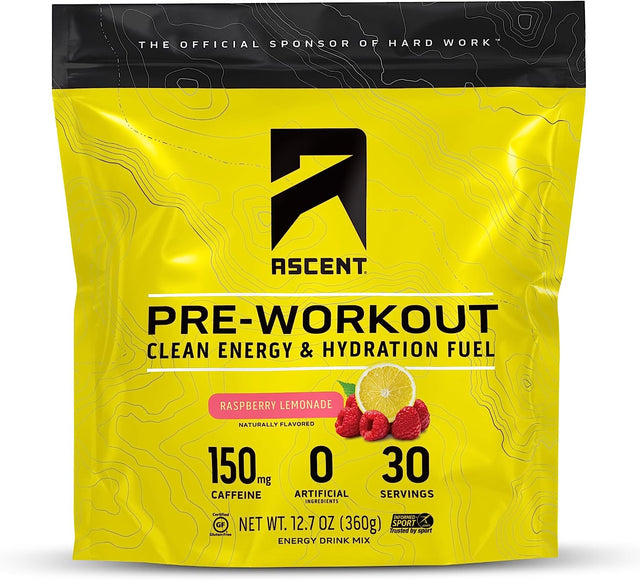 Ascent Pre Workout Powder - Preworkout for Men & Women with No Artificial Ingredients or Flavors - Clean Energy with 150G Caffeine & 250G Electrolytes - Raspberry Lemonade, 30 Servings