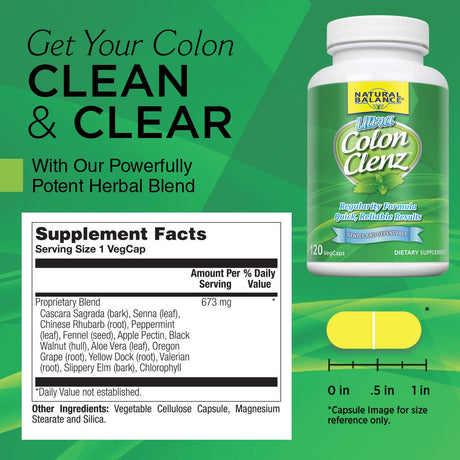 Natural Balance Ultra Colon Clenz Herbal Colon Cleanse & Detox Supplement Gentle & Dependable Overnight Formula (120 CT)