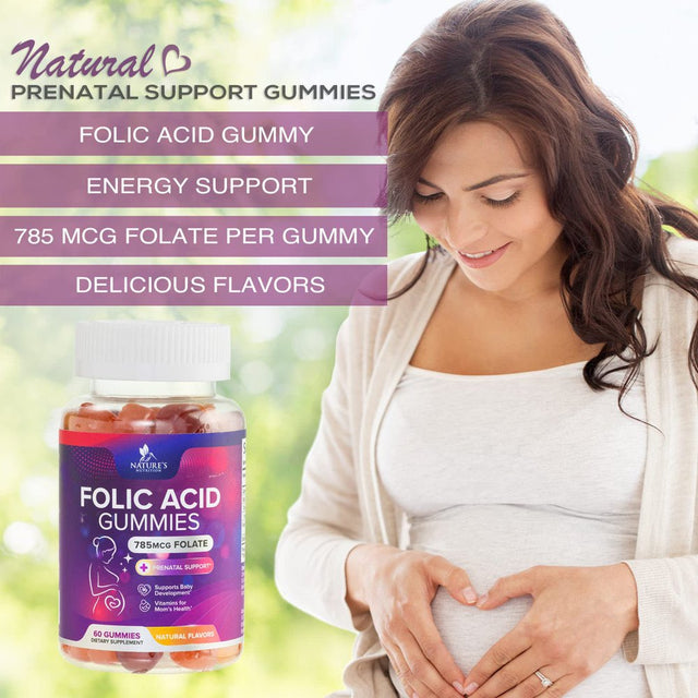 Folic Acid Gummies for Women 785 Mcg, Essential Prenatal Vitamins for Mom & Baby, Vegan Folic Acid Supplement Gummy, B9 Chewable Extra Strength Folate for before during after Pregnancy - 60 Gummies