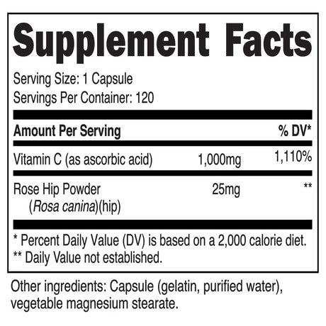 Cellusyn Labs Vitamin C + Rose Hips Capsules 120 Servings (1000Mg of Vitamin C, 25Mg of Rose Hip)