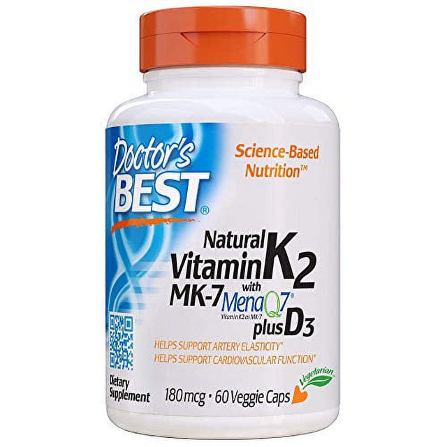 Doctor'S Best Natural Vitamin K2 with MK-7, 180Mcg plus D3 1000IU, Non-Gmo, Gluten Free, Vegetarian, Soy Free, 60 Veggie Caps