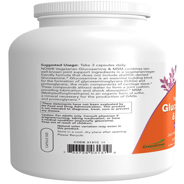 NOW Supplements, Glucosamine & MSM (Greengrown® Glucosamine), Vegetarian, 240 Veg Capsules