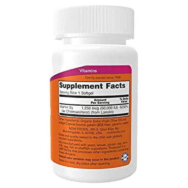 NOW Supplements, Vitamin D-3 50,000 IU Softgels, 50 Softgels