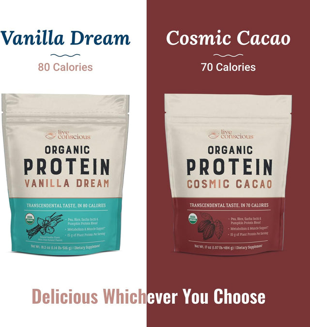 Live Conscious Organic Pea Protein Powder - Vanilla Dream Flavor | Plant-Based Vegan Protein Blend - Pea, Brown Rice, Pumpkin, Sacha Inchi | 20 Servings 18.2 Oz