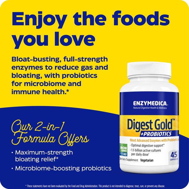 Enzymedica Digest Gold + Probiotics, 2-In-1 Formula for Gut Health, Digestive Enzymes & 1.5 Billion Active Probiotic Cultures, 45 Count