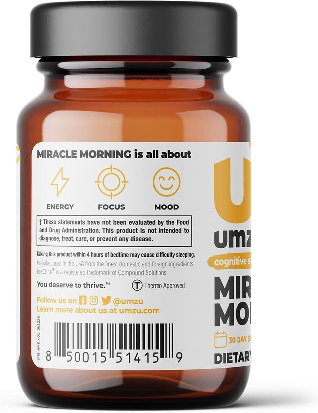 UMZU Miracle Morning - Natural Energy Supplements - with Caffeine, L-Theanine, Thiamin & More - Focus & Energy Pills - 30 Day Supply - 30 Capsules