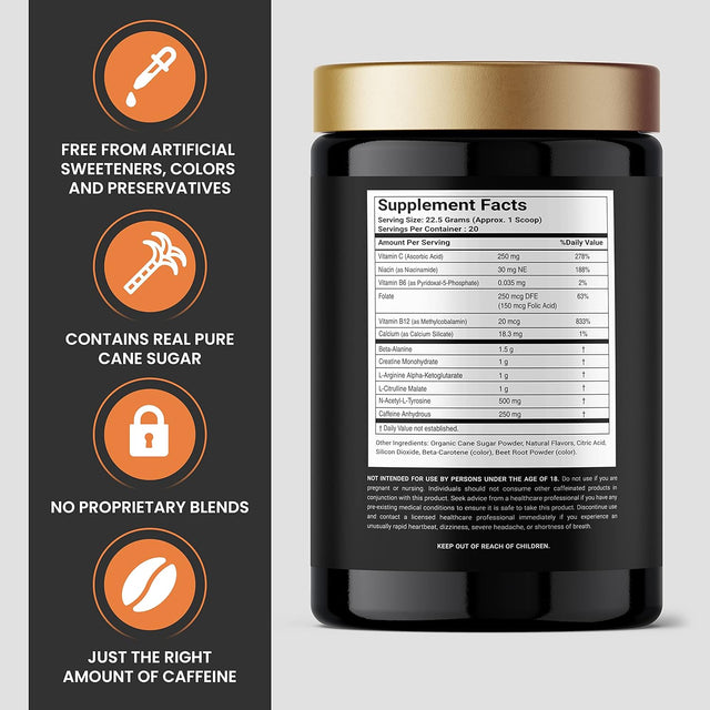 Pure Cane Natural Pre Workout Powder for Men & Women - No Artificial Sweeteners, Sweetend with Natural Pure Cane Sugar- Tropical Fruit Smoothie