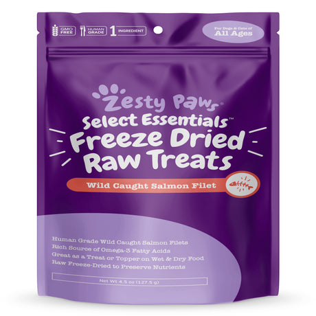 Zesty Paws Omega 3 Raw Freeze Dried Wild Caught Salmon Filet Treats for Dogs & Cats , 4.5 Oz.