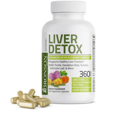 Bronson Liver Detox Advanced Detox & Cleansing Formula Supports Health Liver Function with Milk Thistle, Dandelion Root, Turmeric, Artichoke Leaf & More, Non-Gmo, 360 Vegetarian Capsules