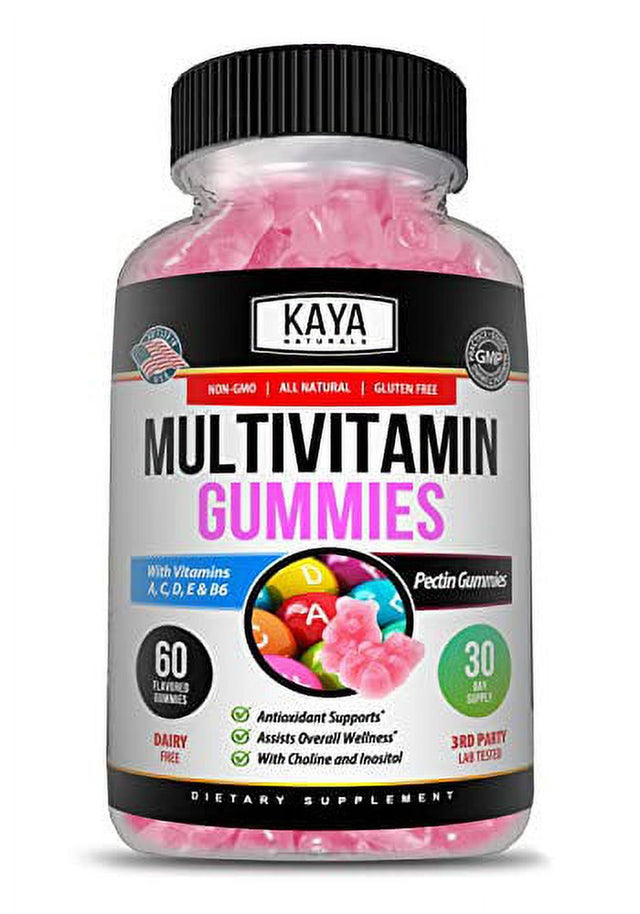 Kaya Naturals Adult Multi Vitamin Gummy, 60 Count, Biotin, Vitamin A, C & E, Including Zinc &Vitamin B-12, Folic Acid, Strawberry Flavor (60 Gummies)